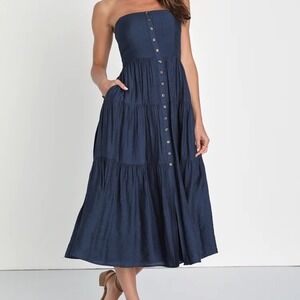 Navy Strapless Summer Midi Dress With Pockets